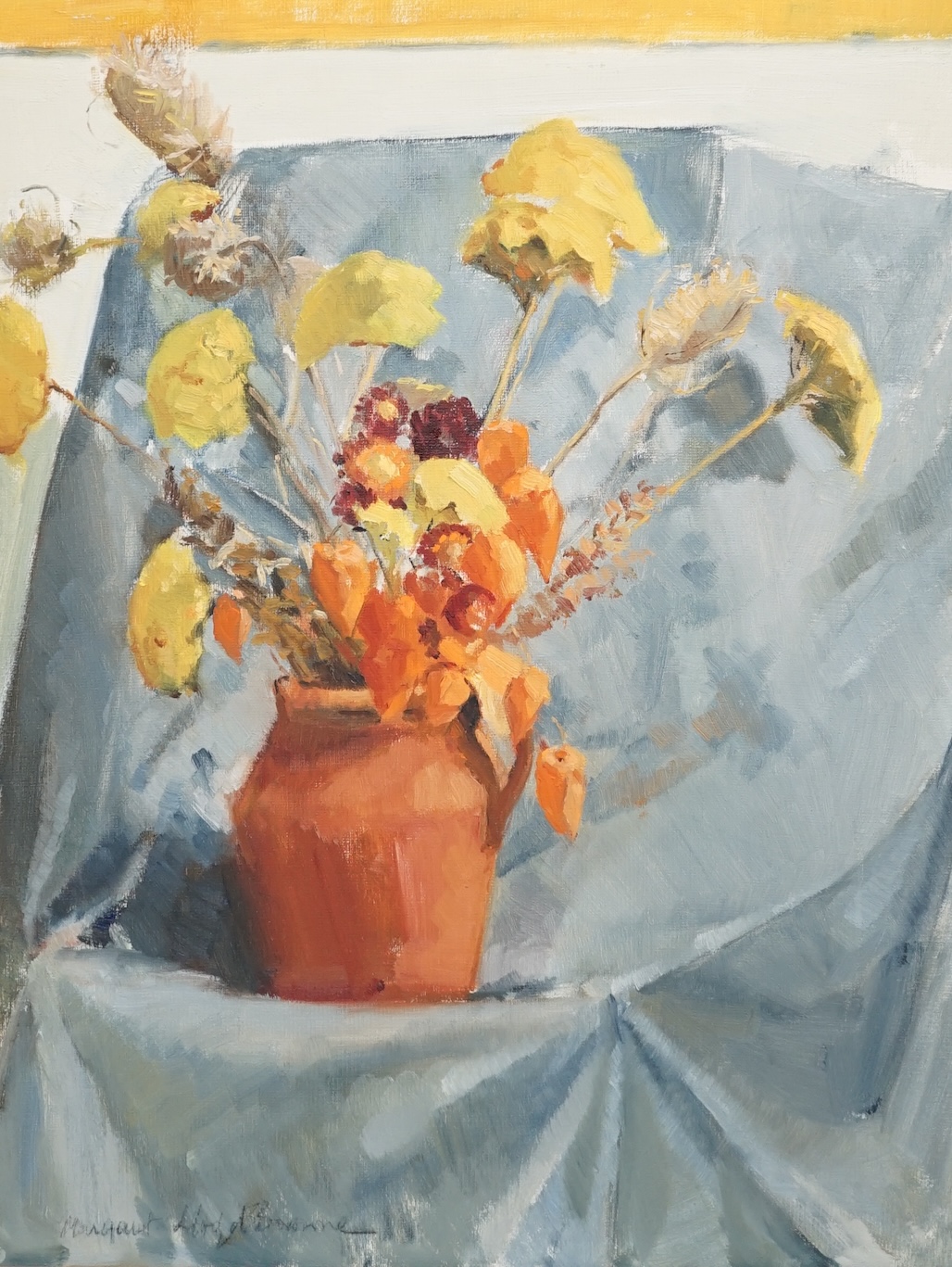 Margaret Lloyd Browne, oil on board, Still life of flowers in a vase, 'Autumn Gold', signed, details verso, 44 x 34cm. Condition - good